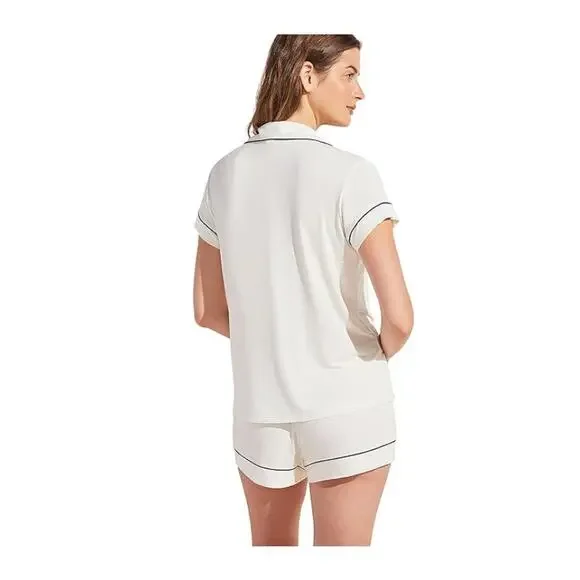 EBERJEY Giselle Short PJ Set Large Pure Ivory Navy Blue Tencel Modal Relaxed NWT - Picture 2 of 13